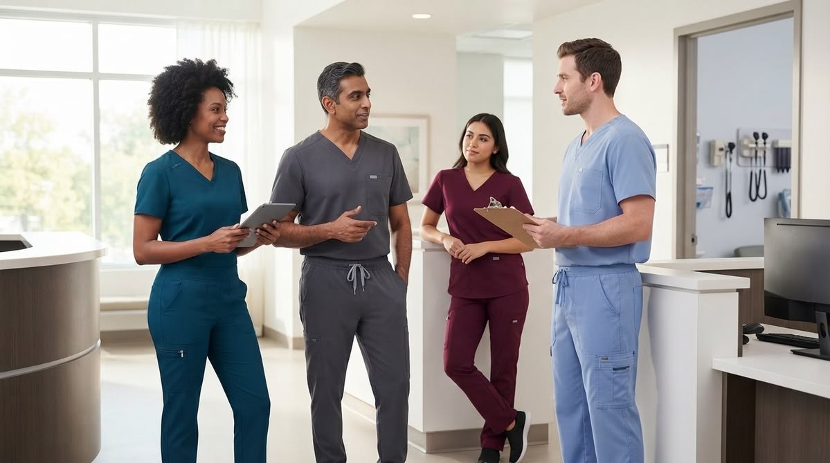 Four clinicians in scrubs talking together at a hospital reception desk